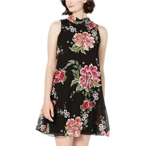 Robbie Bee black floral chiffon overlay cape sleeveless mini swing dress 10